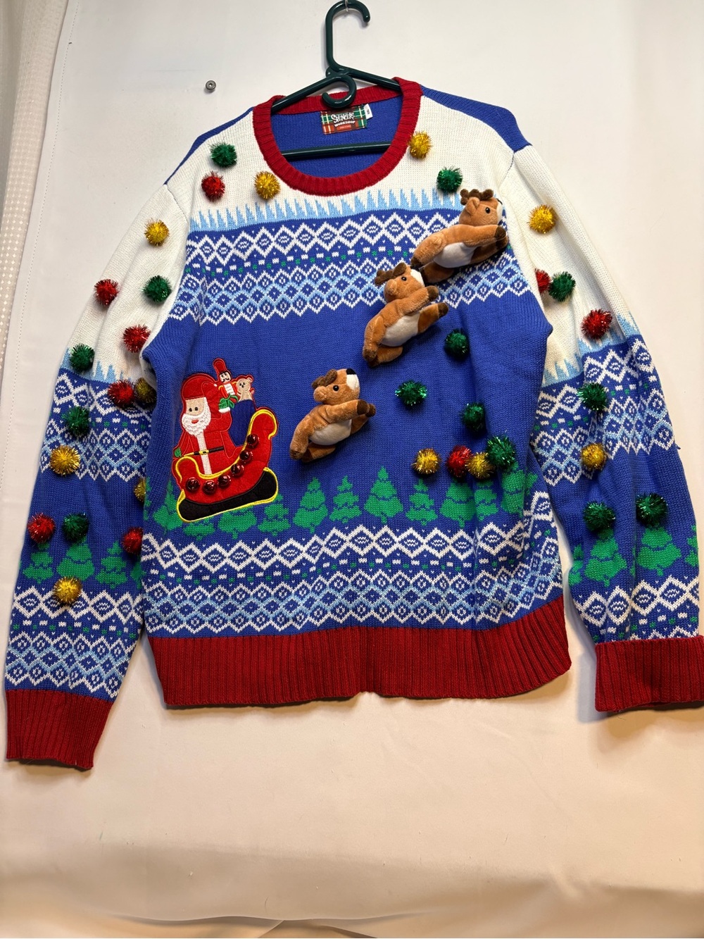 Festive 3D Christmas Sweater with Plush Reindeers and bells size XXL Length 30in
